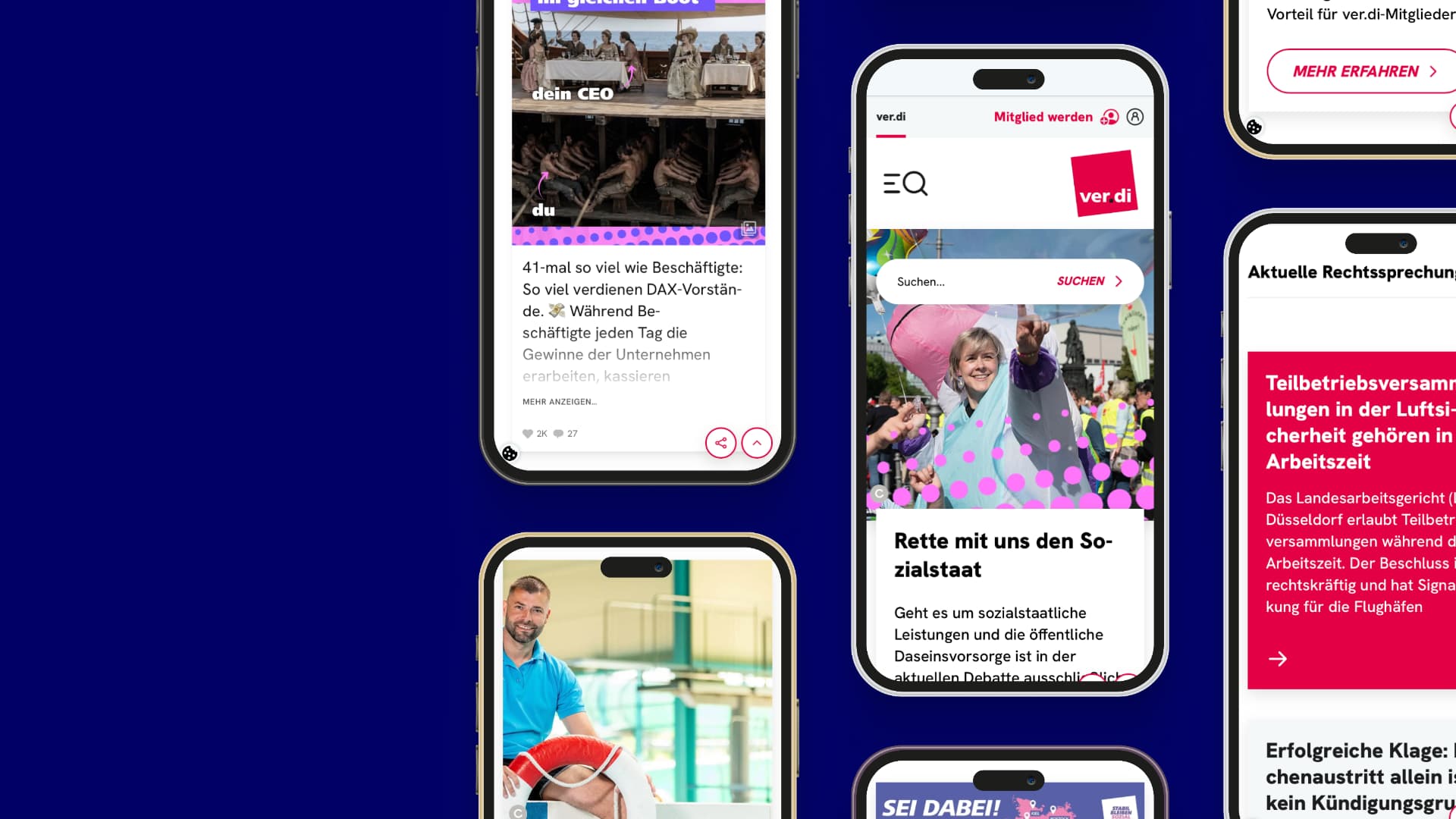 Mehrere Smartphones mit mobilen Ansichten der neuen ver.di Website auf blauem Hintergrund