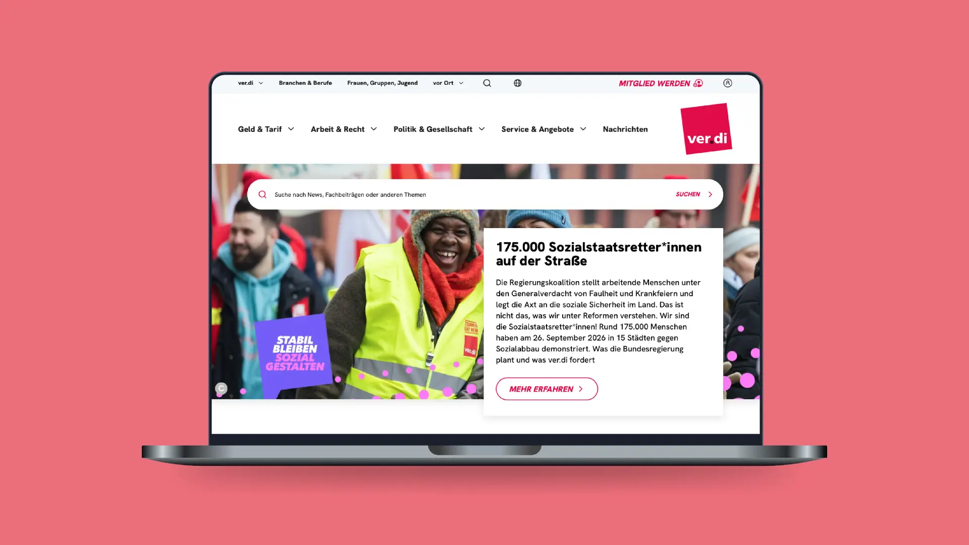Die neue ver.di Website auf einem Laptop
